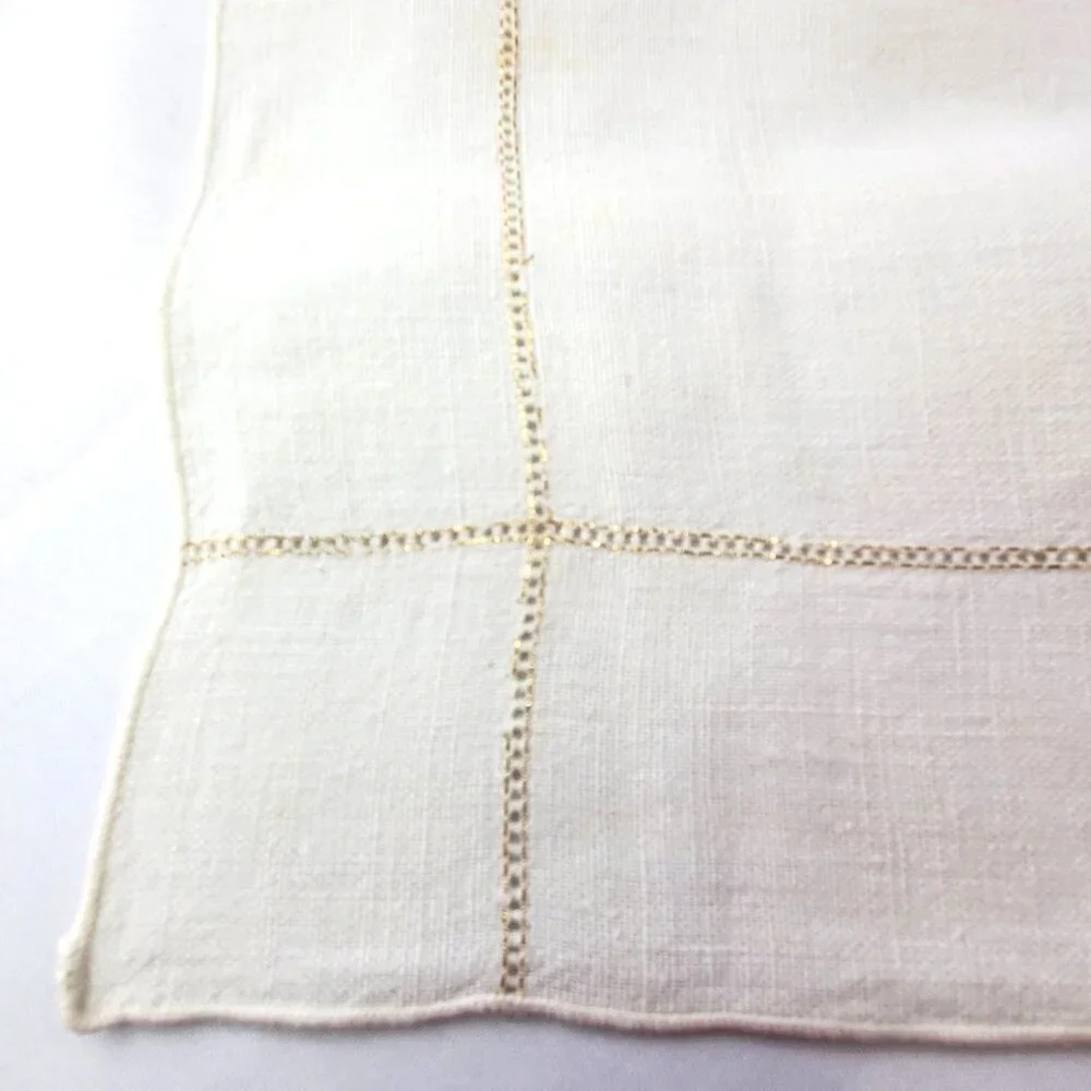 4 Vintage Ivory Cutwork Linen Napkins Placemat Gold Embroidered Border 16.5